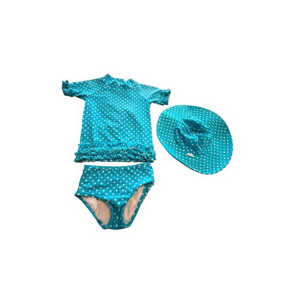 RuffleButts Girls Polka Dot Swim Set & Hat 3-Piece - Picture 5 of 5